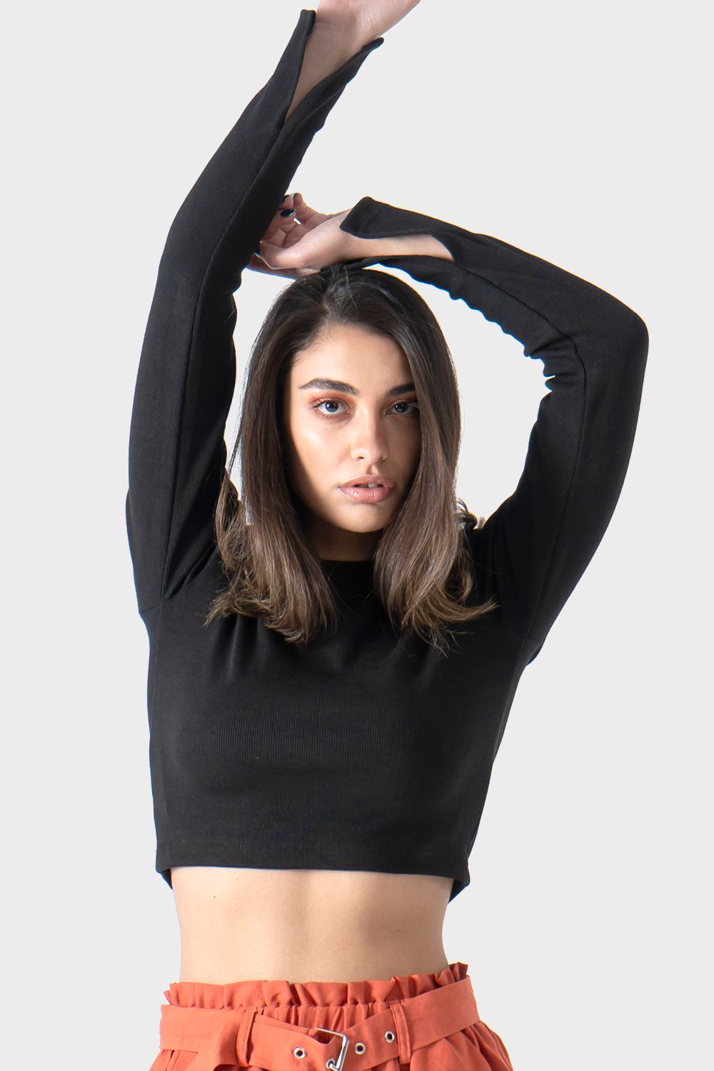 Okoye Black Crop Ribbed Top with Bracelet Slit