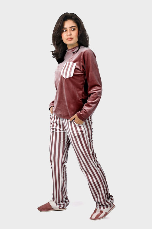 Shechick Top & Striped Pants Velvet Pajama Set