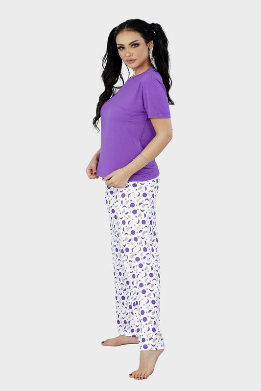 Shechick Solid Top with Moons Printed Pants Pajama