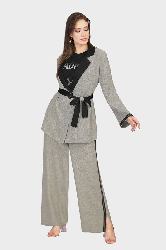 Smoky Casual Set of Jacket with Tie-Belt and Pants