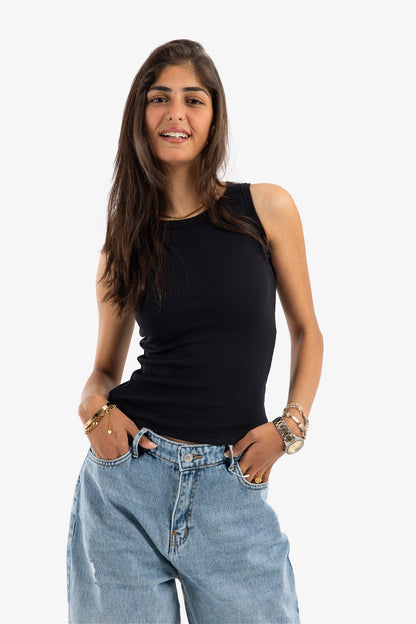 Black Narrow Cut Ribbed Top