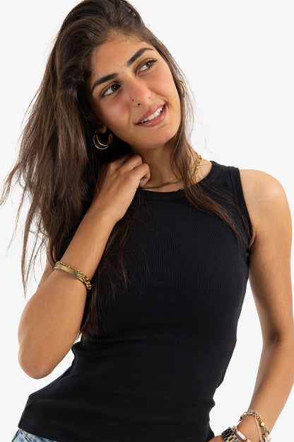 Black Narrow Cut Ribbed Top