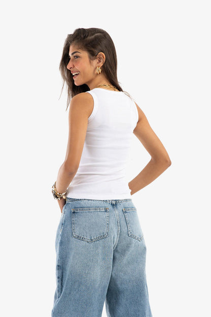 White Narrow Cut Ribbed Top
