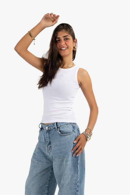 White Narrow Cut Ribbed Top