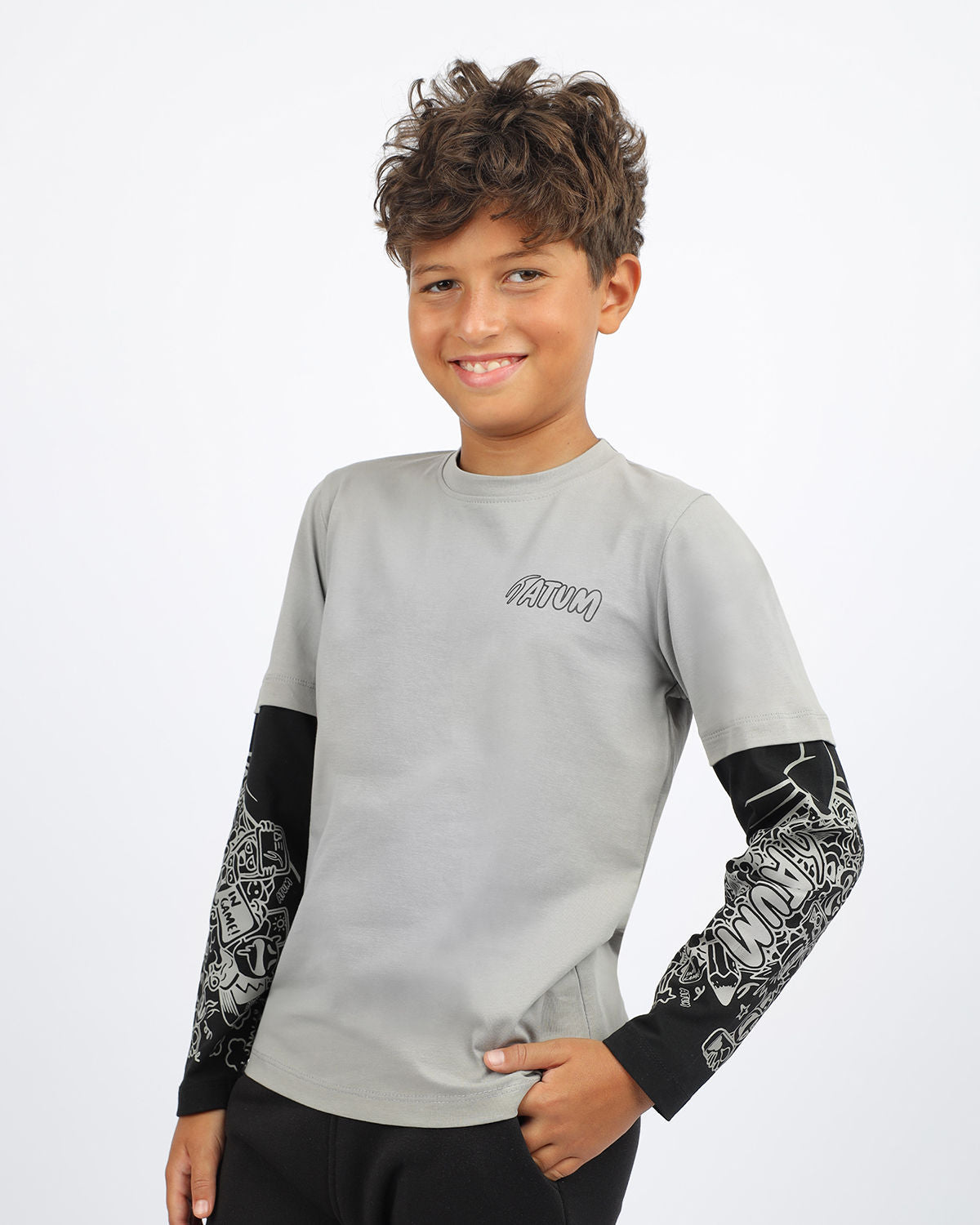 Gray Printed Sleeves Cotton T-shirt for Boys