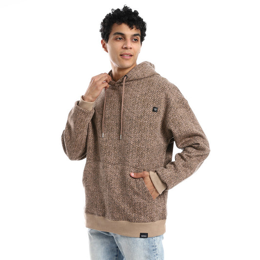 Café Zigzag Printed Hoodie with Kangaroo Pocket