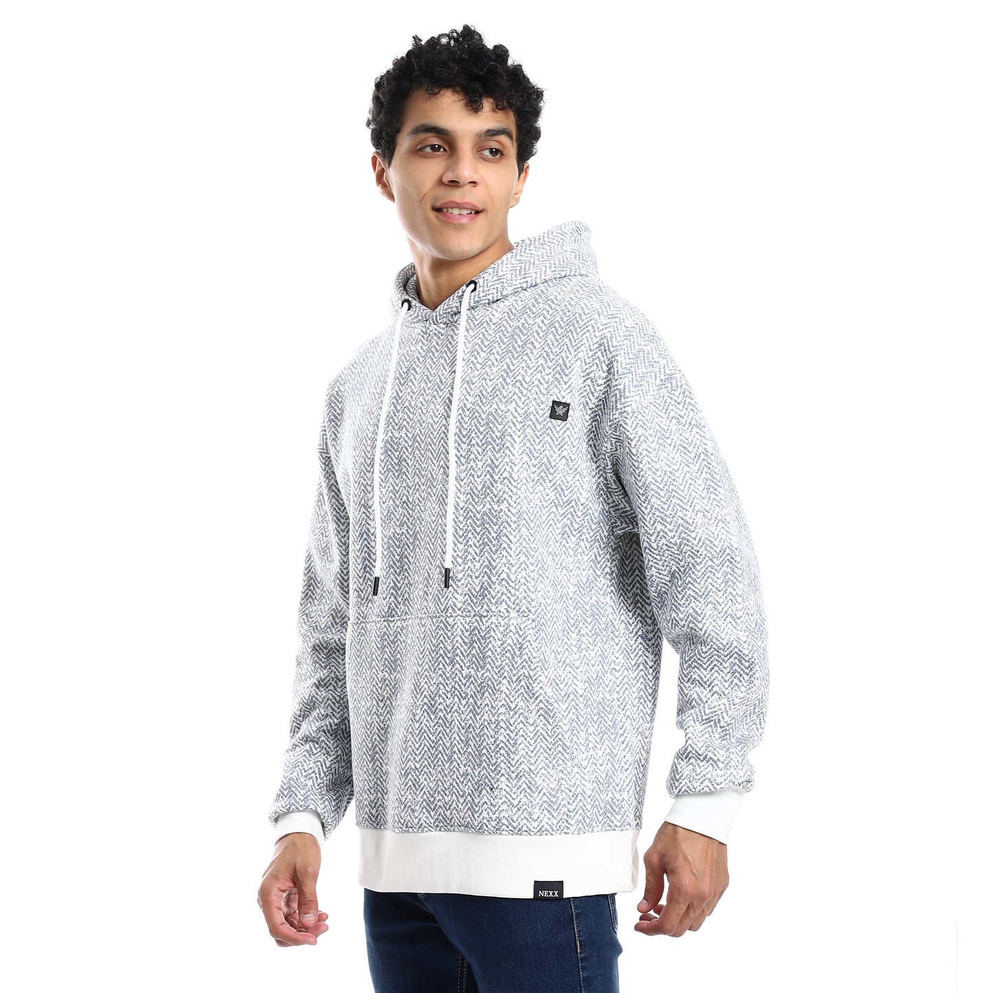 Blue Zigzag Printed Hoodie with Kangaroo Pocket