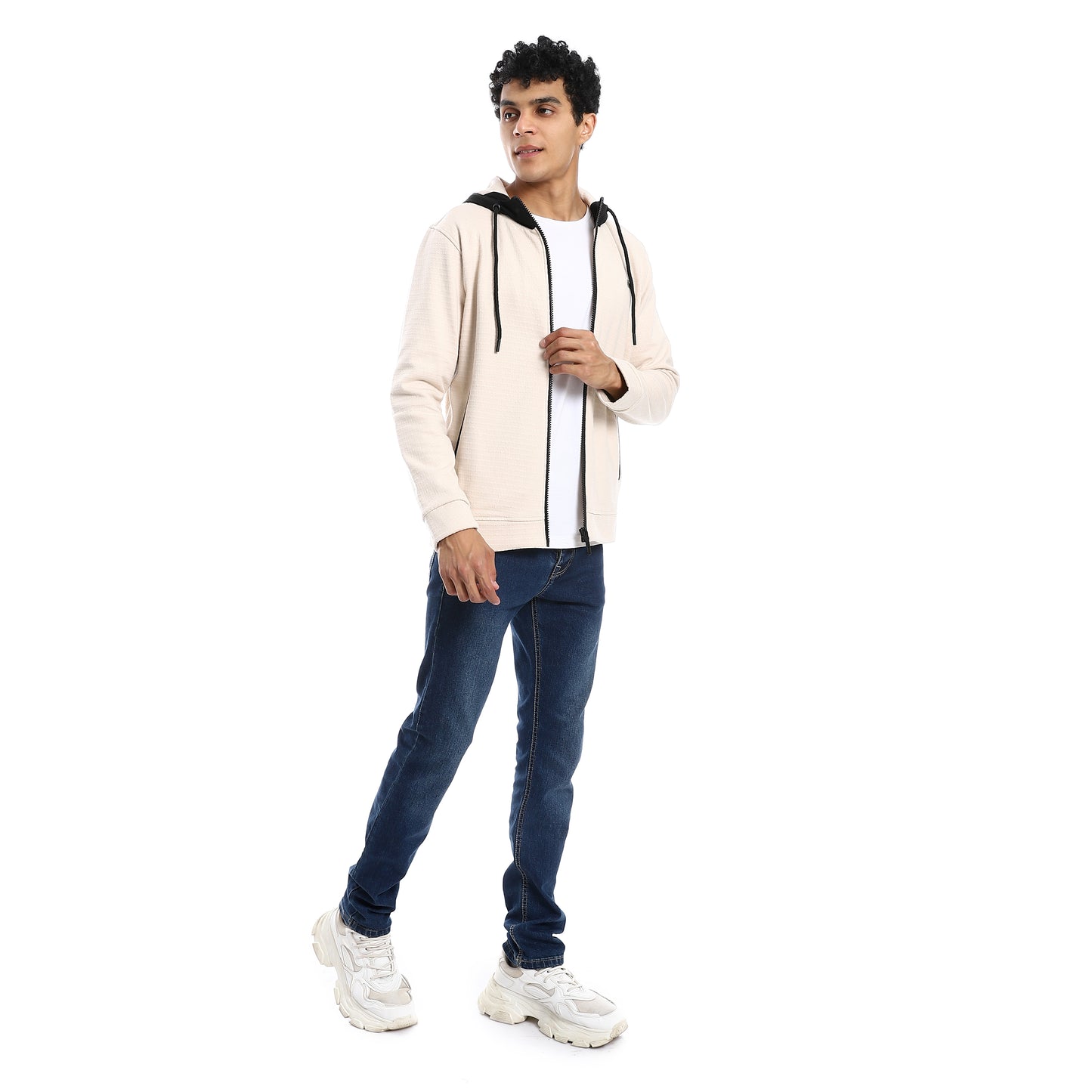 Light Beige Textured Melton Hooded Jacket