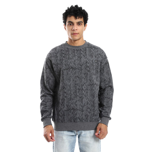 Gray Printed Sweatshirt with Ribbed Cuffs