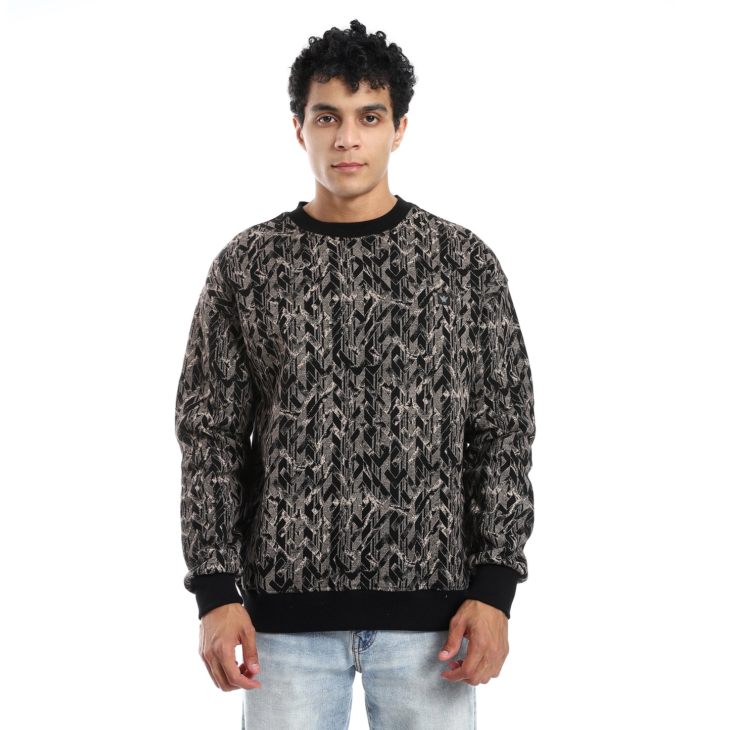 Black Printed Sweatshirt with Ribbed Cuffs