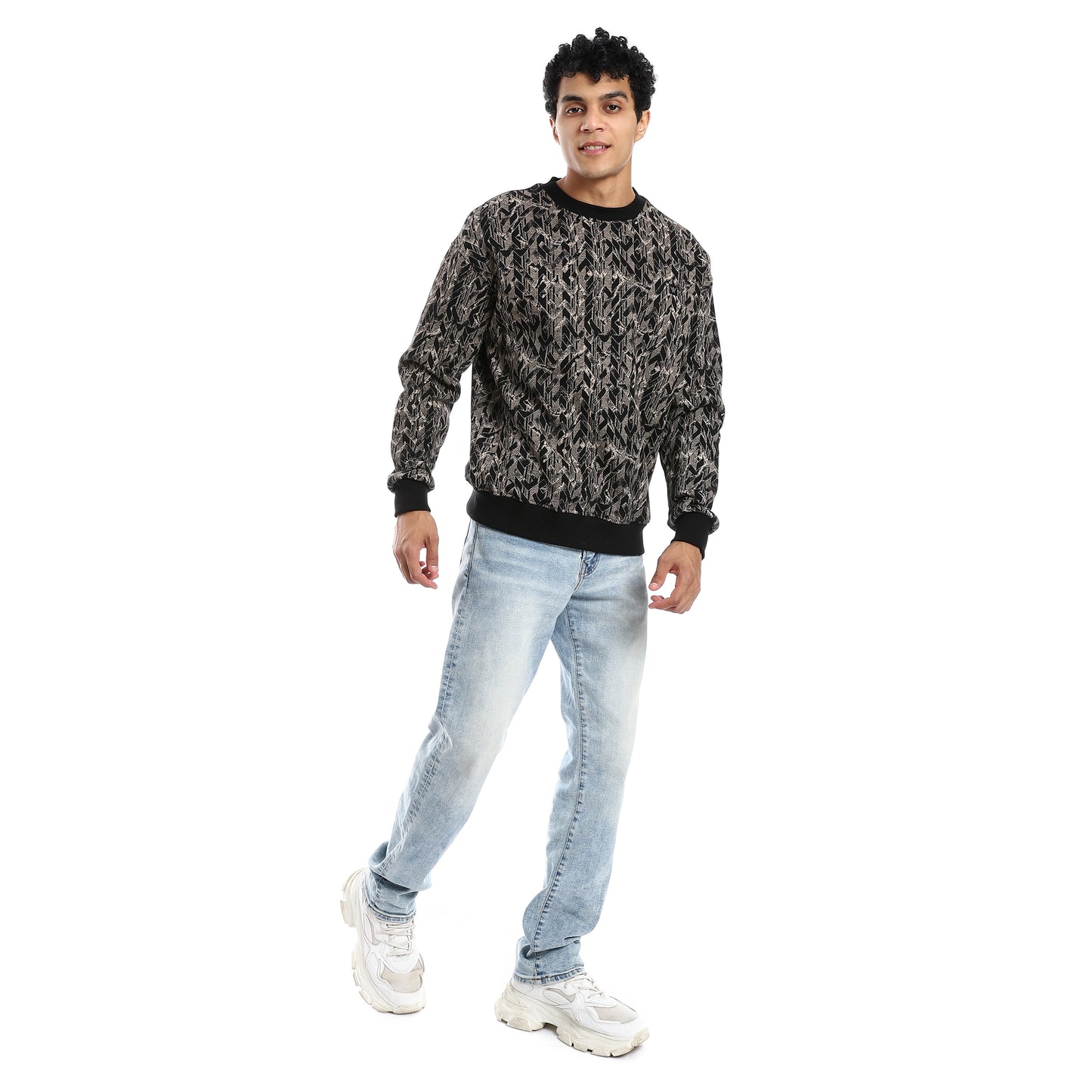 Black Printed Sweatshirt with Ribbed Cuffs