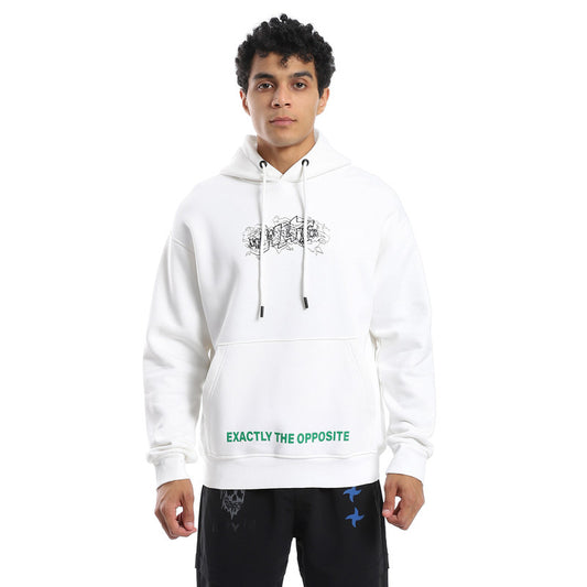 White Printed Kangaroo Pocket Hoodie