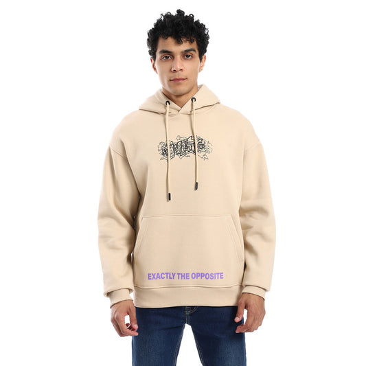 Beige Printed Kangaroo Pocket Hoodie