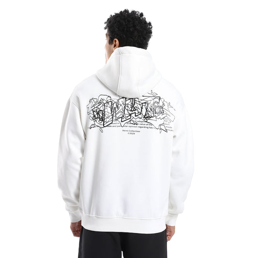 White Printed Kangaroo Pocket Hoodie