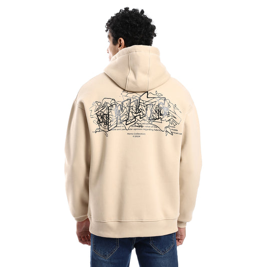 Beige Printed Kangaroo Pocket Hoodie