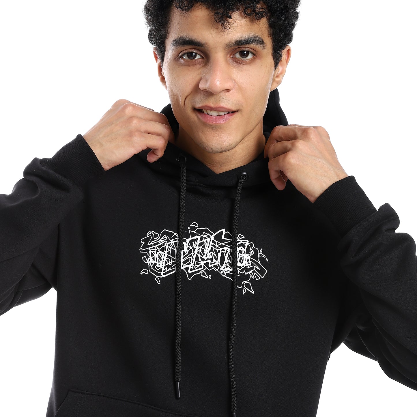 Black Printed Kangaroo Pocket Hoodie