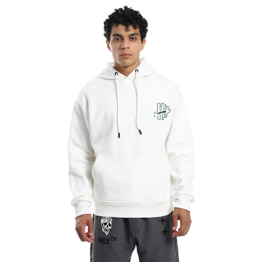 White Kangaroo Pocket Hoodie with Back Print