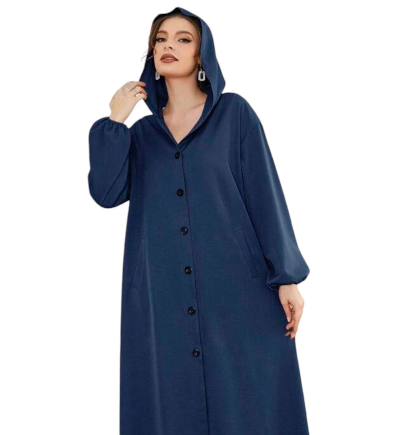 Navy Chamois Fleece Hooded Knee-Length Jacket