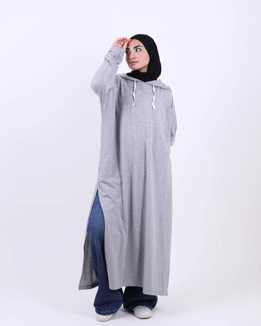 Gray Long Hooded T-Shirt