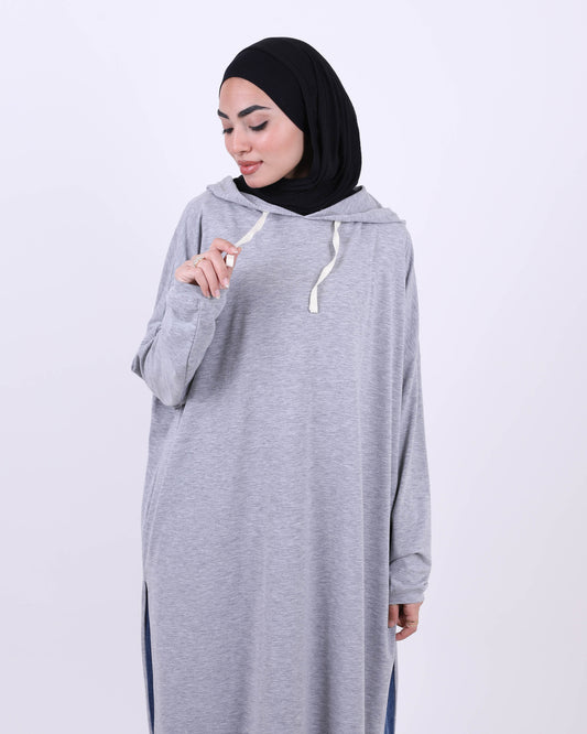 Gray Long Hooded T-Shirt