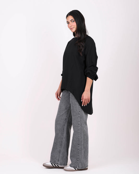 Black Elasticated Cuffs Plain Blouse