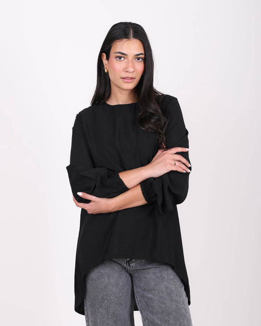 Black Elasticated Cuffs Plain Blouse