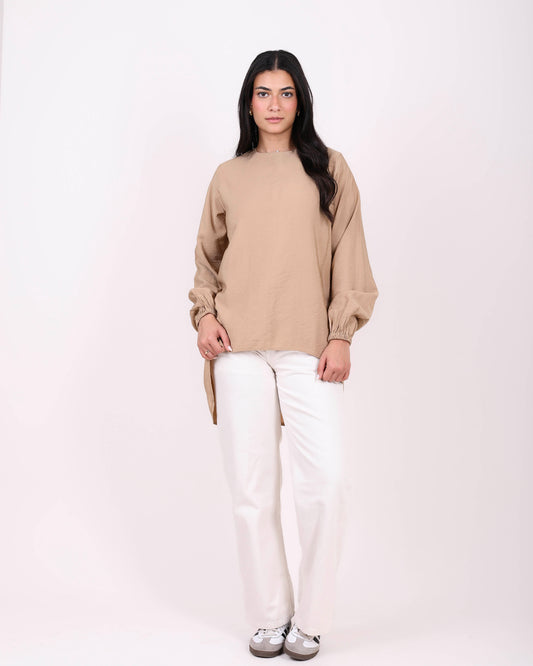 Beige Elasticated Cuffs Plain Blouse