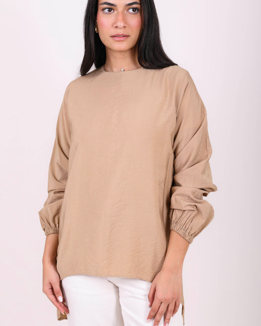 Beige Elasticated Cuffs Plain Blouse
