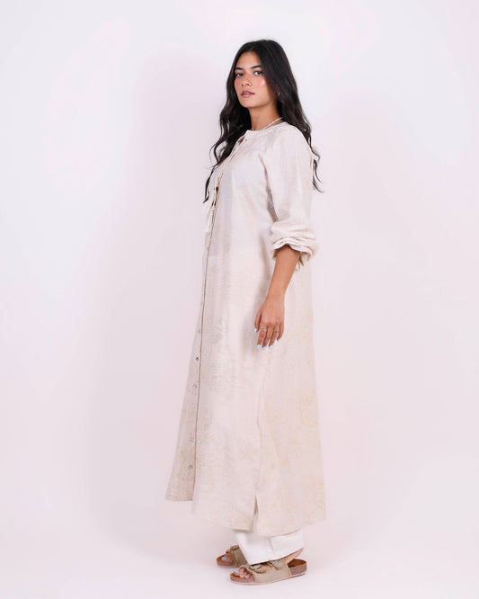 Beige Embroidered Bloom Shirt Dress