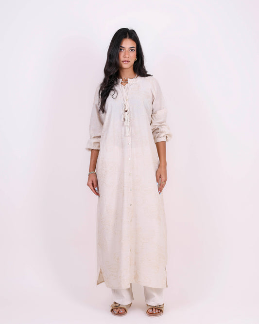 Beige Embroidered Bloom Shirt Dress