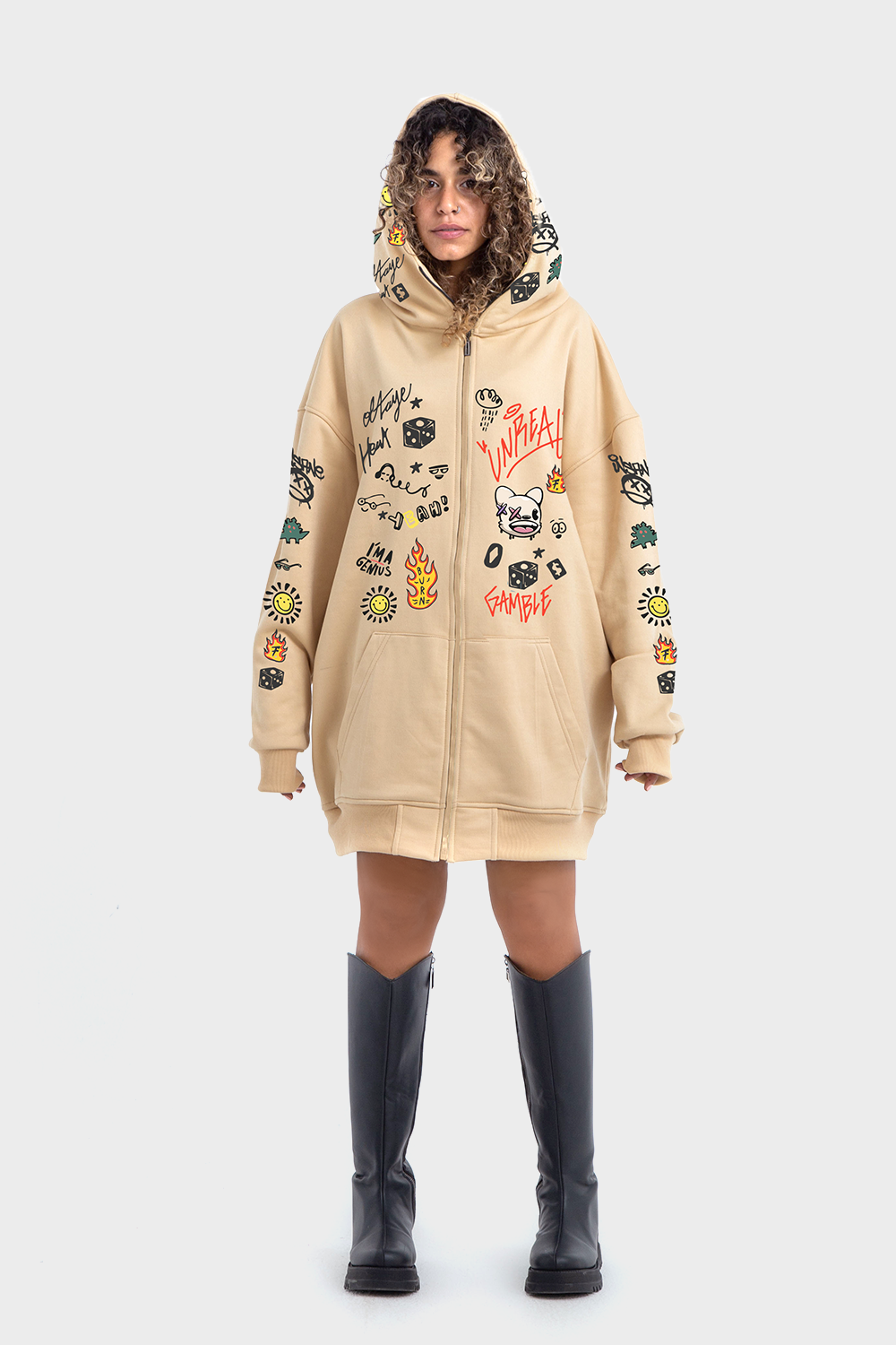 Okoye Premium Line, Beige Extra Oversized Printed Hoodie