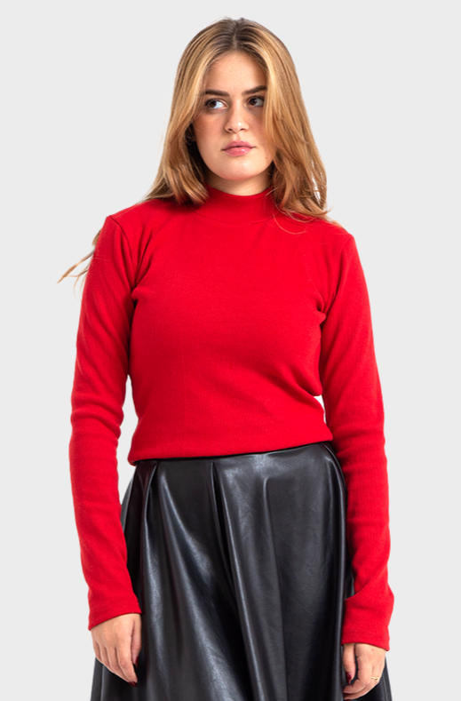 Red Half Neck Ribbed Top