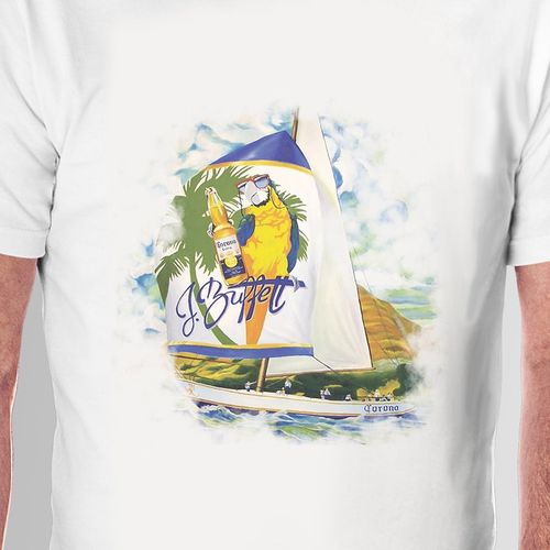 White Half Sleeve Corona Parrot Print T-Shirt