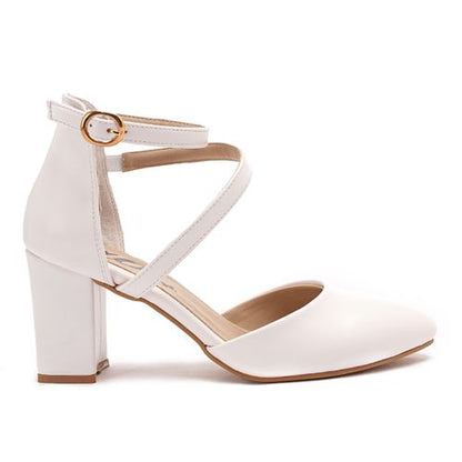 White Rounded Strap High Heels Shoes