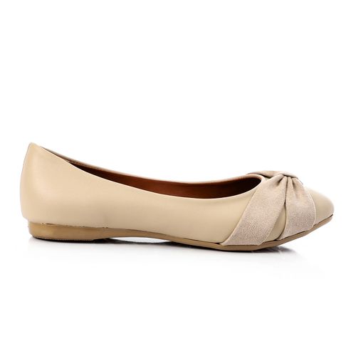Beige Suede Bow Leather Ballerina