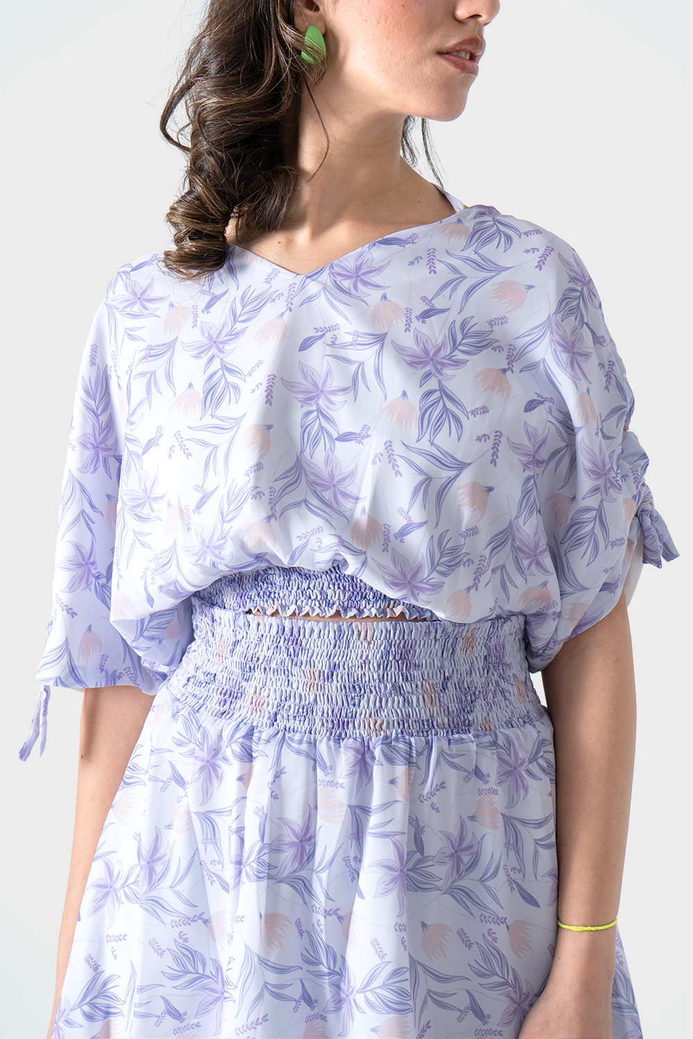 Lavender V Neck Midi Printed Dress, Set of 2