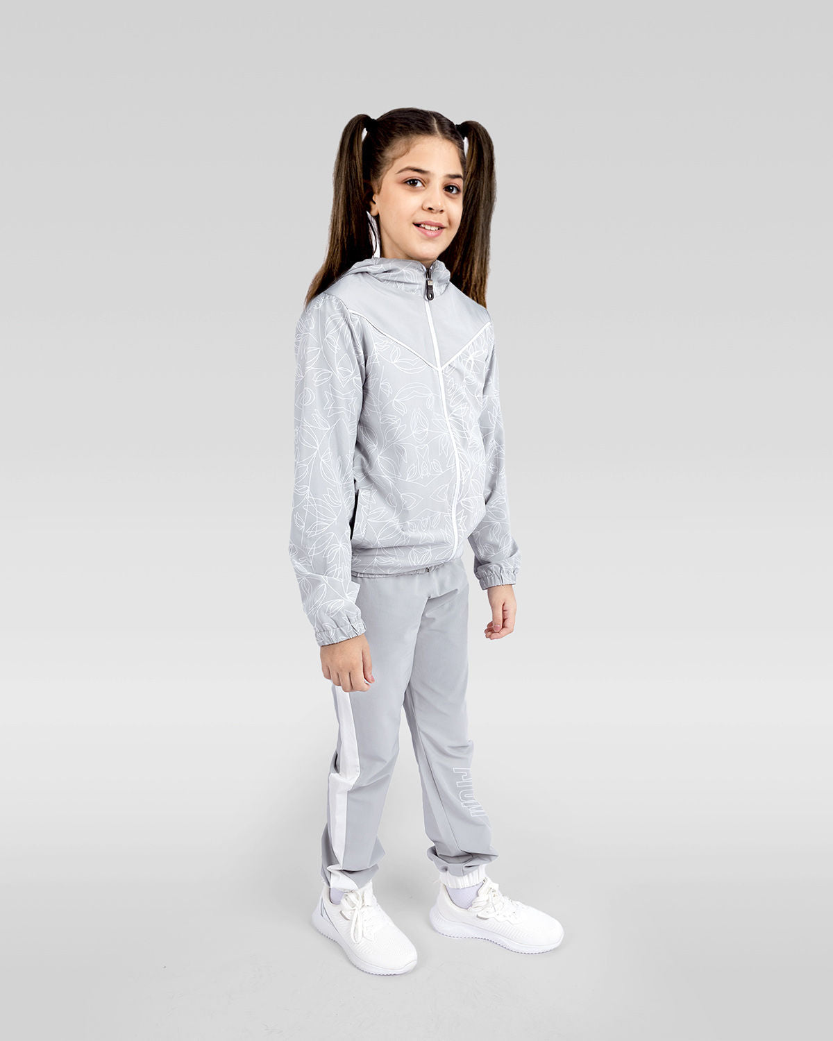 Gray Printed Hooded Jacket for Girls