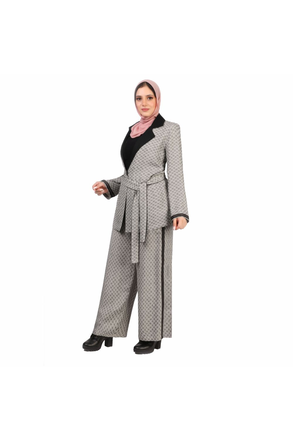 Smoky Casual Set of Jacket with Tie-Belt and Pants