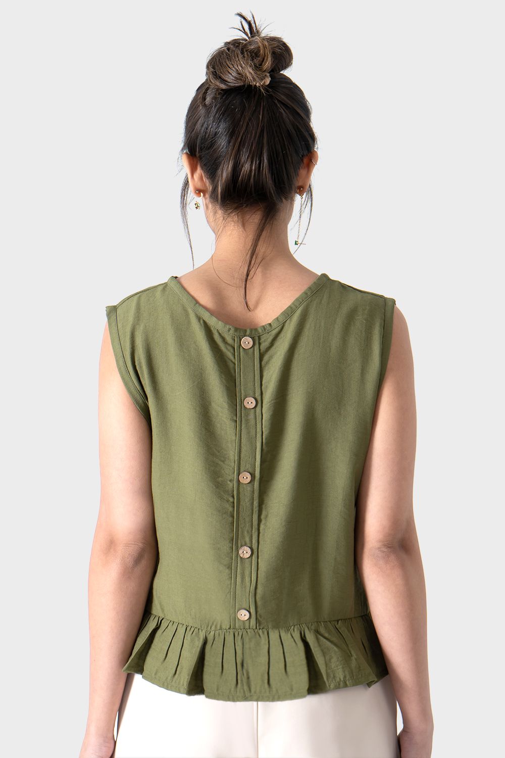 Olive Sleeveless Ruffle Blouse