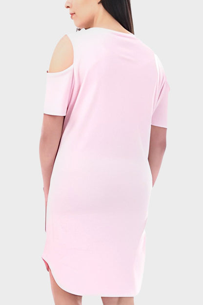Plain Round Neck Short Night Gown With Cold Shoulders