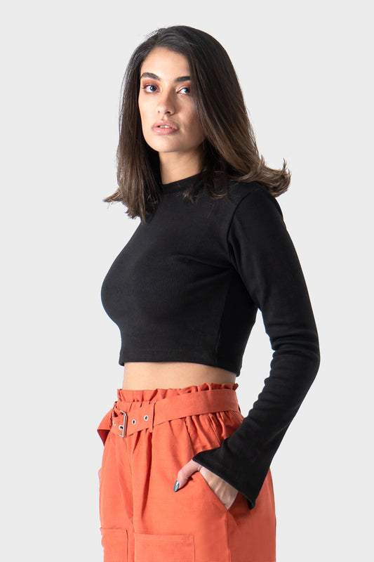 Black Crop Ribbed Top with Bracelet Slit