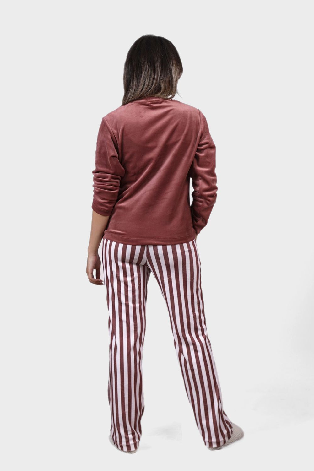 Shechick Top & Striped Pants Velvet Pajama Set