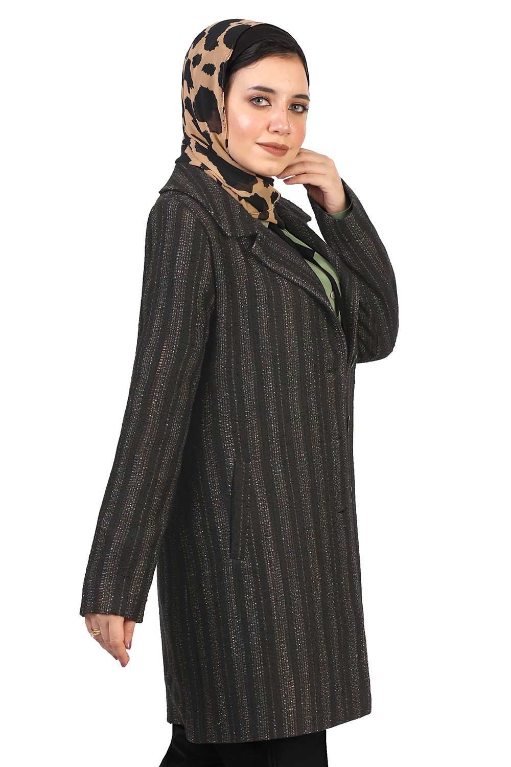 Smoky Striped Tweed Coat with Leather Belt