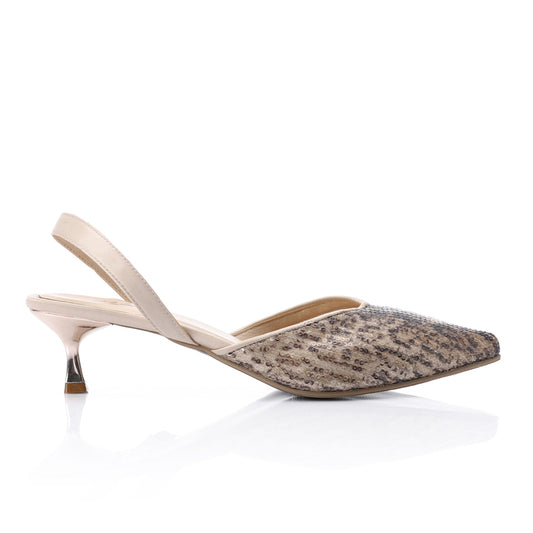 Sequin Beige Slingback Kitten Heels