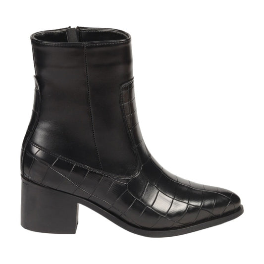 Black Textured Leather Heeled Half Boots