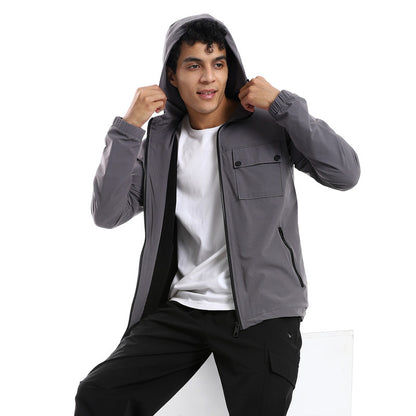 Dark Gray Gabardine Hooded Jacket