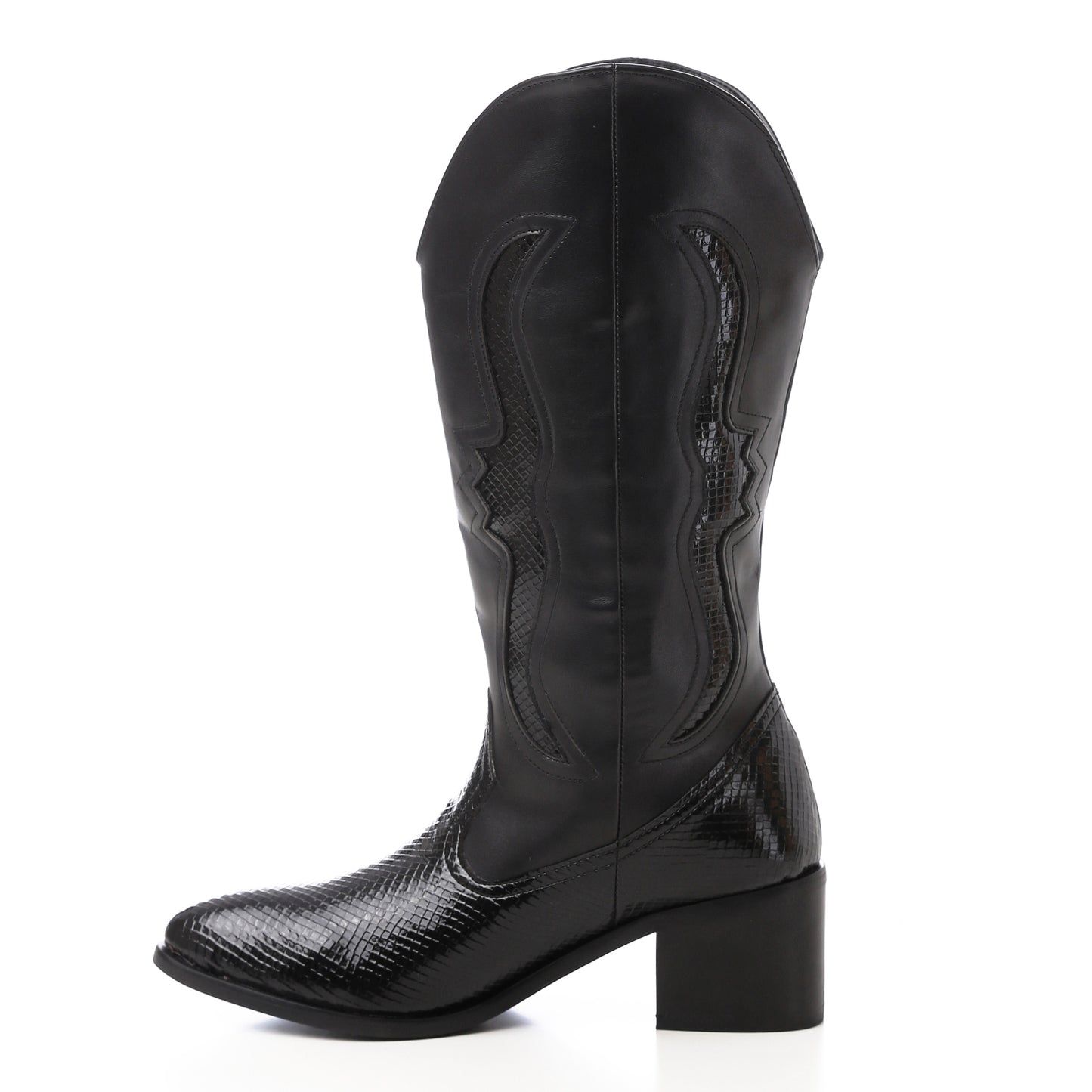 Black Leather Mid Calf Heeled Boots