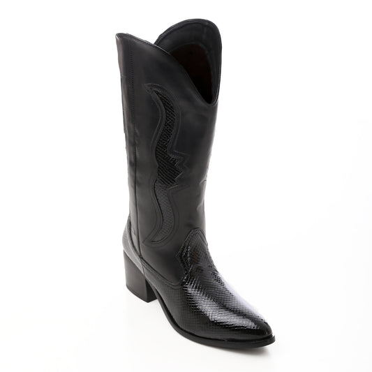 Black Leather Mid Calf Heeled Boots