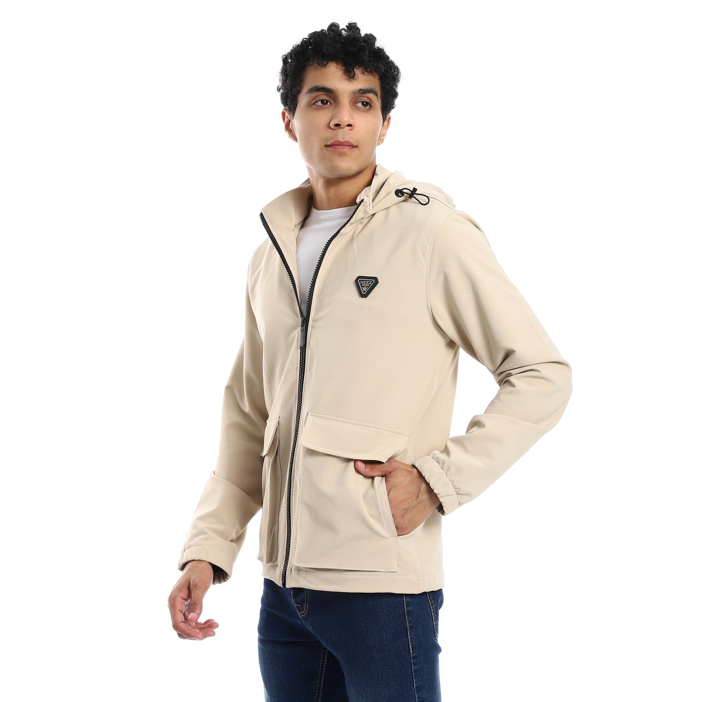 Beige Attached Hoodie Gabardine Jacket