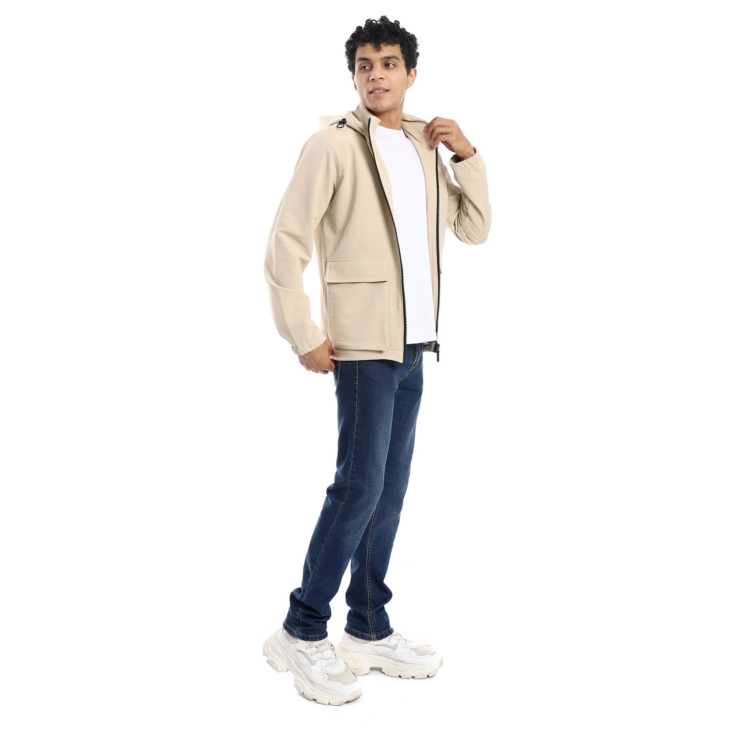 Beige Attached Hoodie Gabardine Jacket